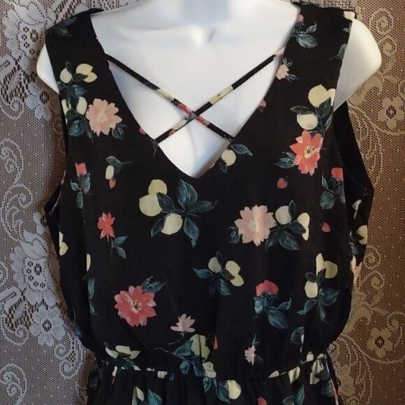 As U Wish Women's size M Black Romper Pink Green Floral Lemon Print lined - Picture 2 of 11